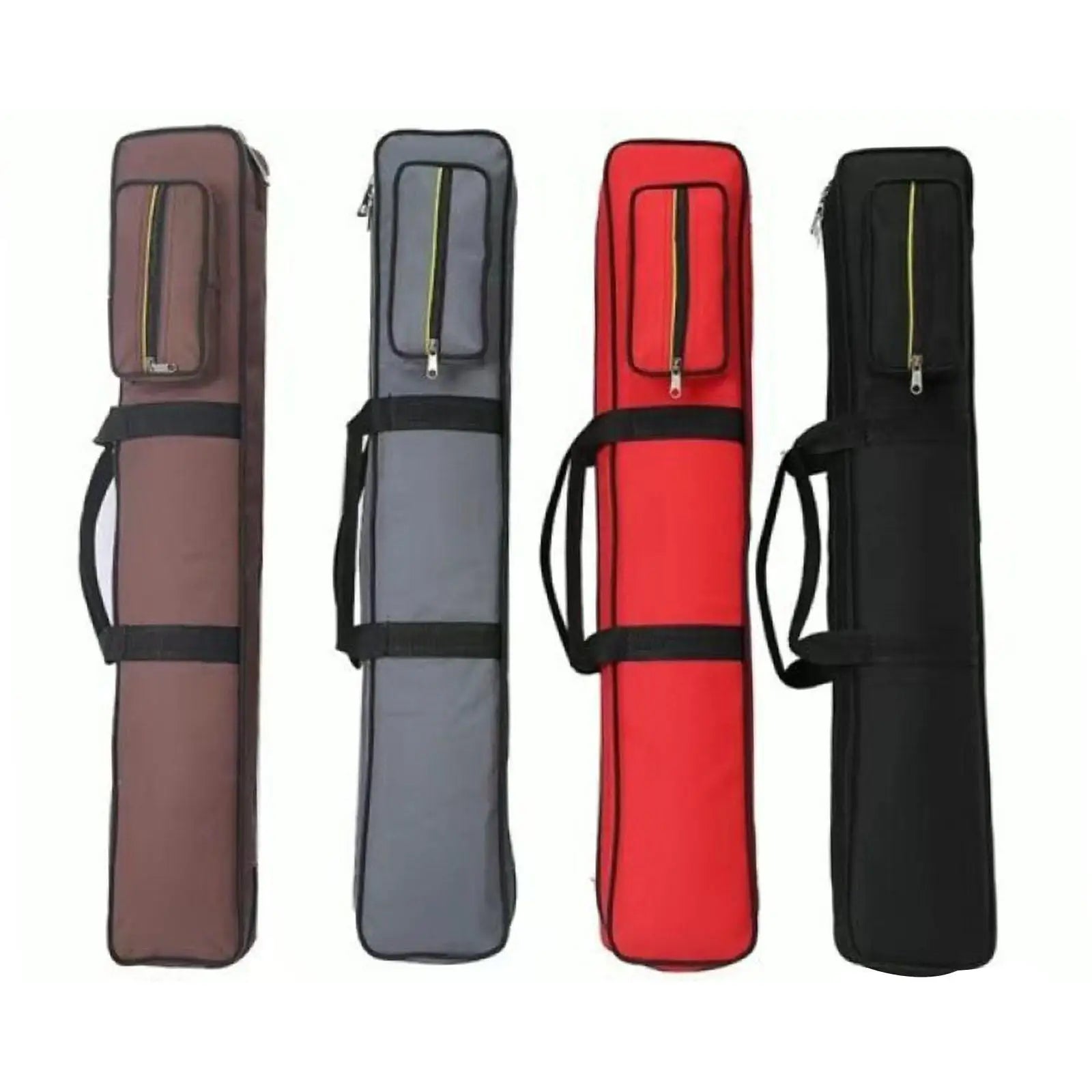 Four cylindrical bags in brown, gray, red, and black on a white background