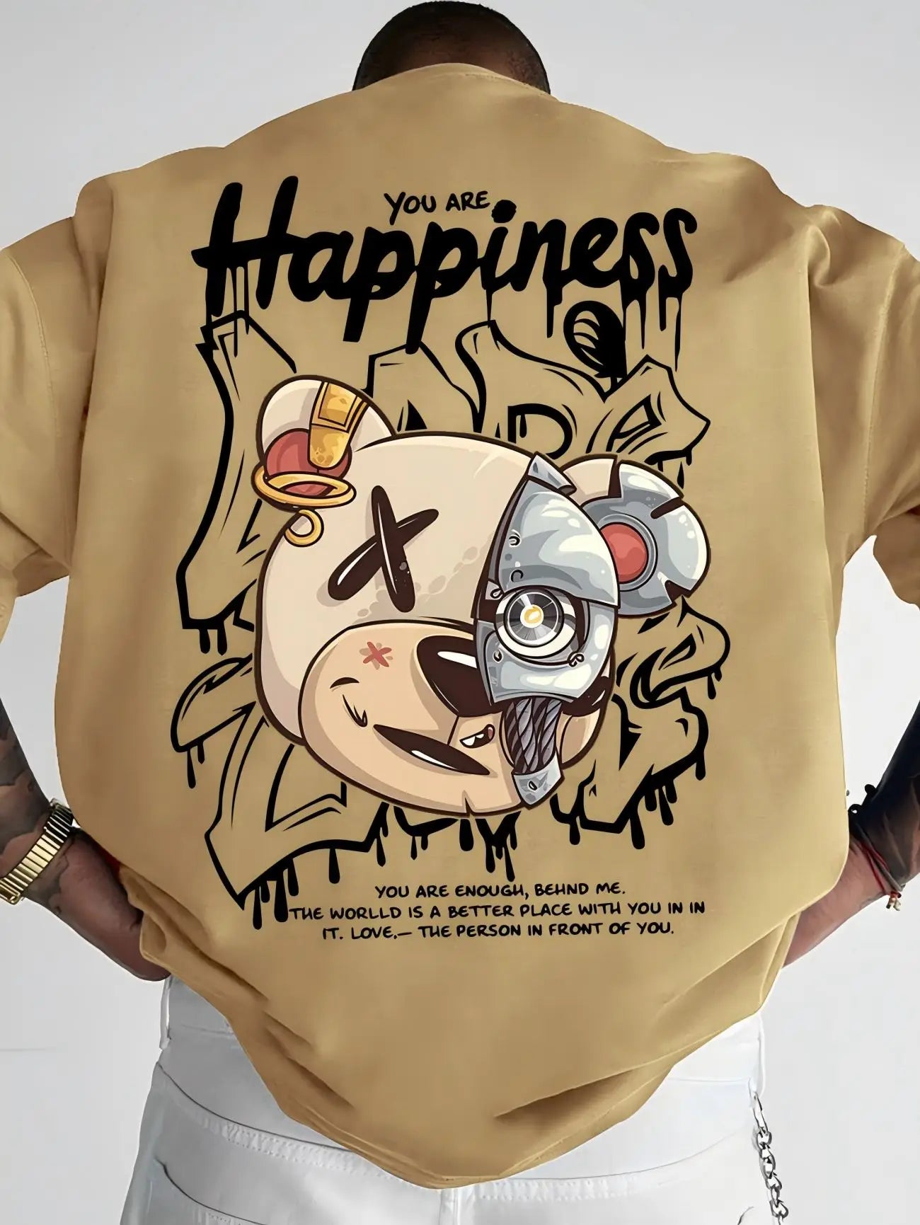 2025 New Men's Personalized Graffiti Bear Letter Printed Breathable and Comfortable Round Neck T-shirt Outdoor High Street Top
