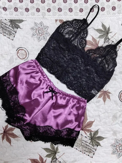 2 Pieces Pajamas Set for Women Sleepwear Sexy Lingerie Lace Silk Crop Tops and Shorts Sets Casual Nightwear Pijamas