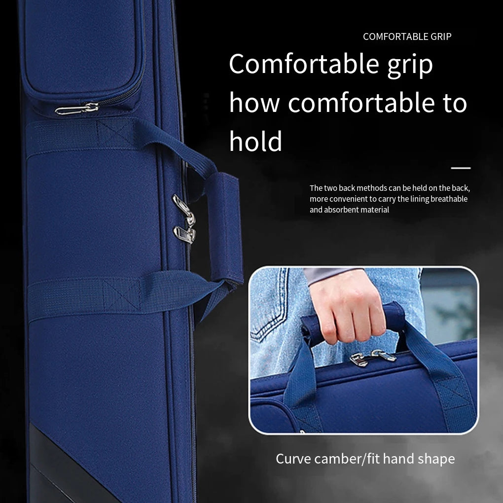 Blue bag with a comfortable grip feature and a hand holding it, on a dark background.