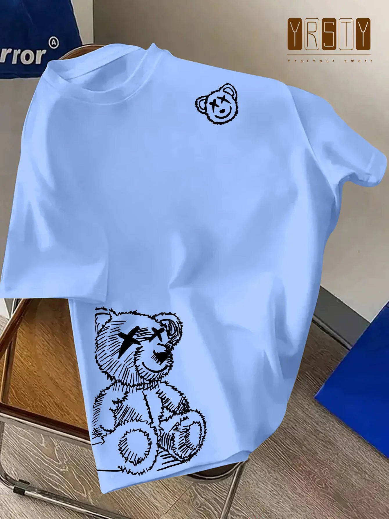 00% reine Baumwolle Herren Cartoon Bär Muster bedrucktes modisches lässiges lockeres Sport Rundhals Kurzarm T-Shirt Oberteil