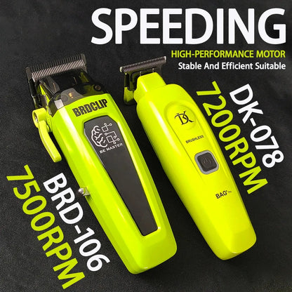 Two green hair trimmers with text highlighting features on a black background