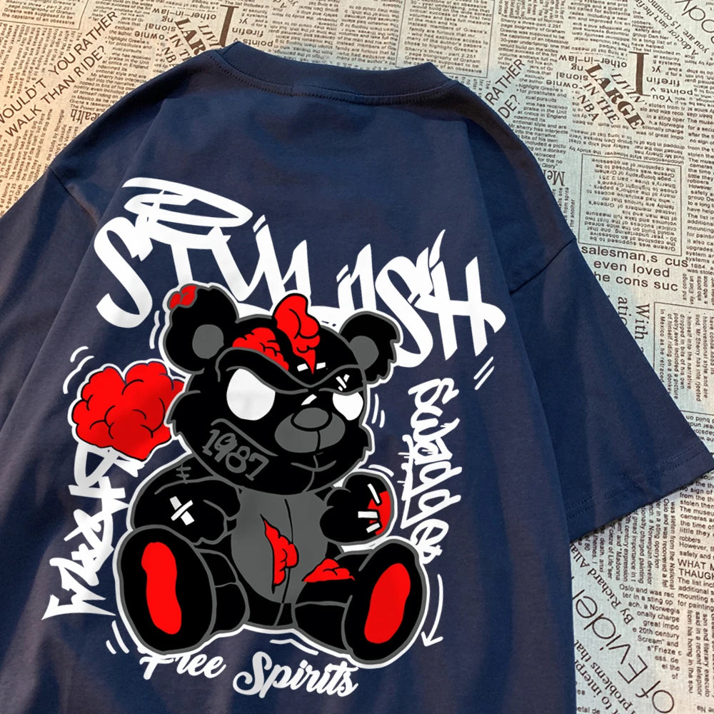 Explodierende schwarze Puppenbär-Männer-Frauen-T-Shirts Hochwertige Baumwolltops Sommer Locker T-Shirts Einfachheit Atmungsaktive Streetwear