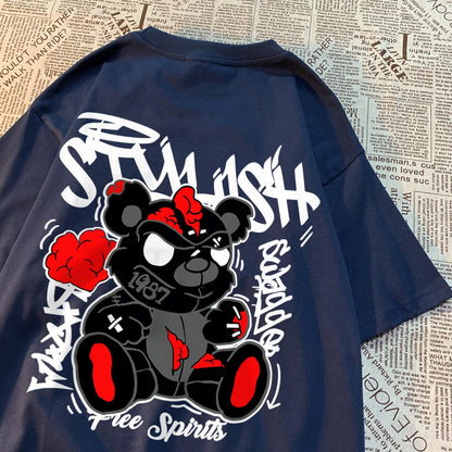 Explodierende schwarze Puppenbär-Männer-Frauen-T-Shirts Hochwertige Baumwolltops Sommer Locker T-Shirts Einfachheit Atmungsaktive Streetwear