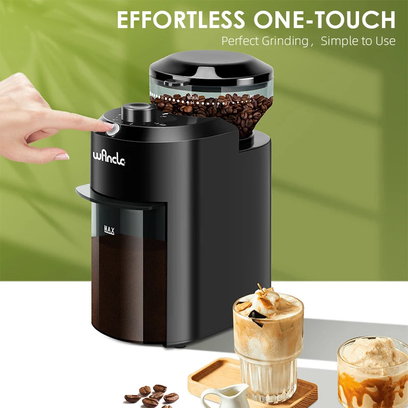 Wancle Elektrische Kaffeemühle mit Mahlwerk, verstellbares Kegelmahlwerk zum Mahlen von Kaffeebohnen, mit 28 präzisen Mahlgradeinstellungen, 220 V/120 V