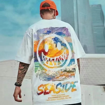 8XL Locker Schnitt Trend American Vintage Graffiti Ausdruck Musterdruck T-Shirt mit weichem Freizeit Herren Vielseitiges Pärchen-Outfit