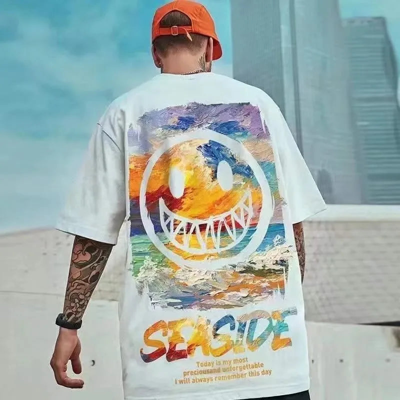 8XL Locker Schnitt Trend American Vintage Graffiti Ausdruck Musterdruck T-Shirt mit weichem Freizeit Herren Vielseitiges Pärchen-Outfit