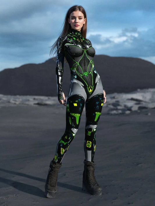 Futuristic Women Machinery Jumpsuit Punk Party Cosplay Catsuit Steampunk Robot Fighter Zentai Suit Halloween Performance Costume
