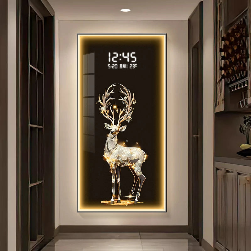 Decorative wall art with a deer design and digital clock in a modern interior setting.