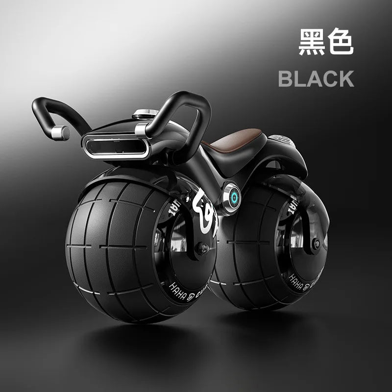 Black toy motorcycle with spherical wheels on a dark background