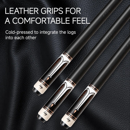 Two pool cues with leather grips on a dark textured background