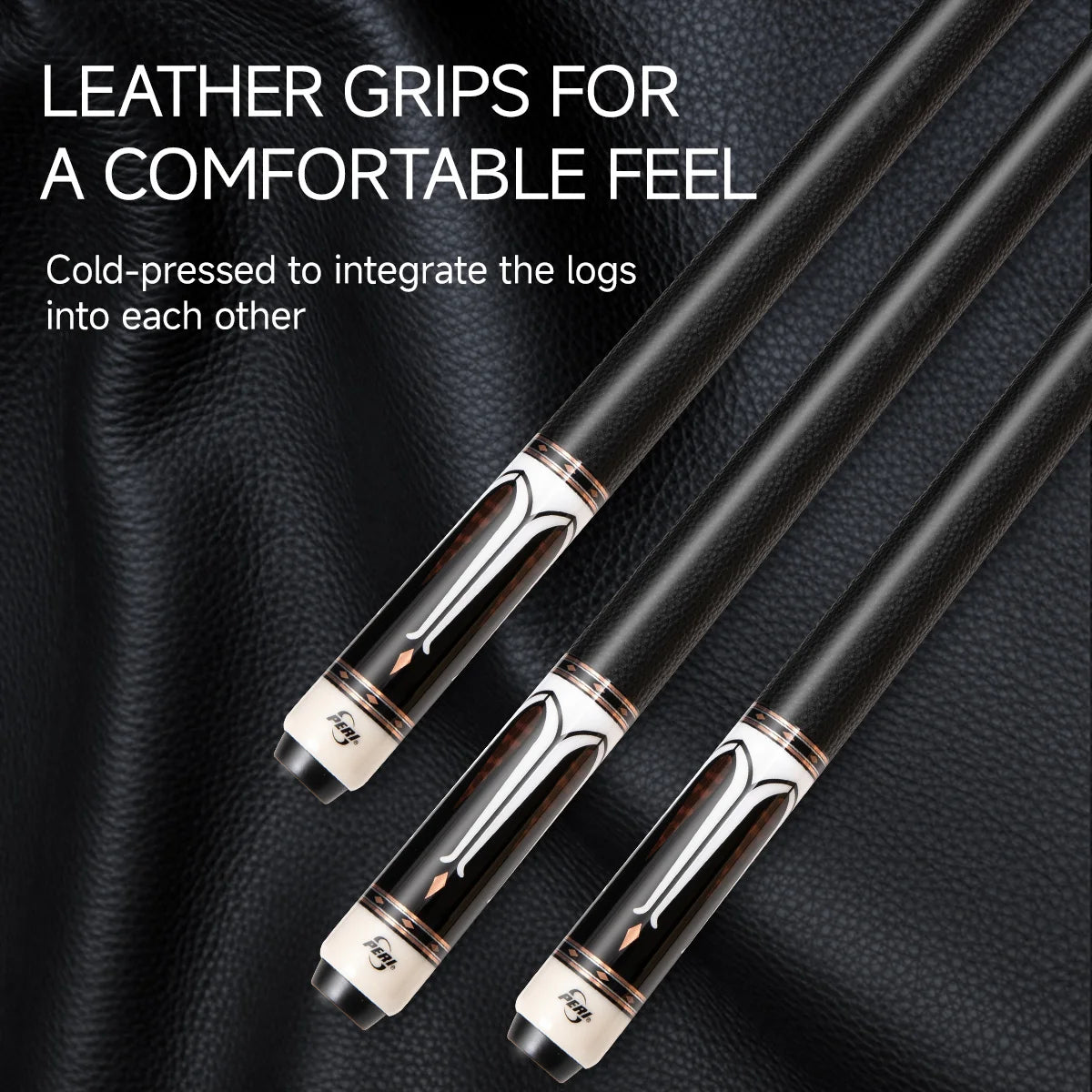 Two pool cues with leather grips on a dark textured background