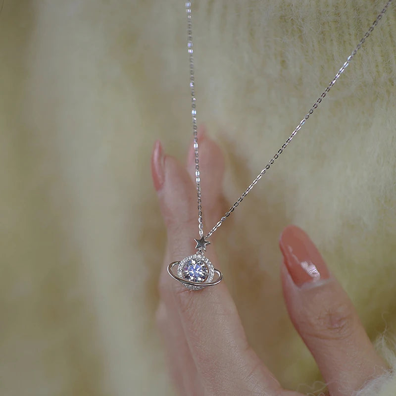 New 925 Sterling Silver Planet Necklace Personality Charming Woman Pendant Choker Birthday Gift for Friends Exquisite Jewelry