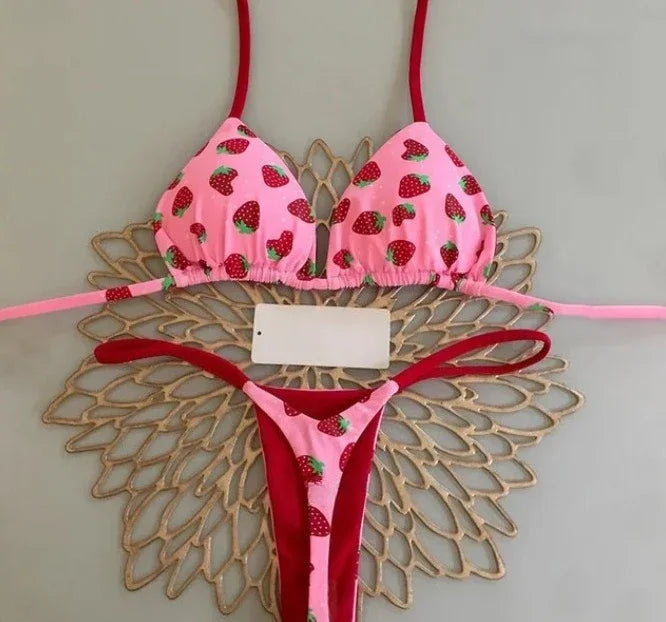 Print Sexy Bikini Sets Halter Lace-up Tops Thongs Beach Style Bathing Suit Y2k Swimsuits Women Beachwear Купальник Женский 2025