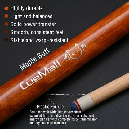 Professioneller Low-Deflection Pool Queue mit Hard Maple Oberteil & 12.75mm Spitze. Quick-3 Gewinde Edelstahlverbindung.