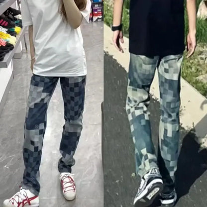 Mosaic Checkered Jeans Unisex Straight Loose Fit