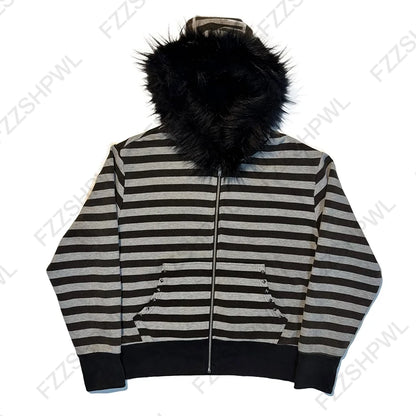 Aesthetic Women's Fur Collar Hoodie Sexy Slim Chic Casual Solid Color Cardigan Sweatshirt Goth Punk Rock Streetwear