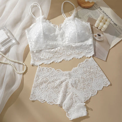Damen Sexy Dessous-Set aus Spitze, einfarbig, wunderschöner Rücken, hohl, ohne Stahlring, Unterwäsche mit Spitzenblumen, atmungsaktives Höschen