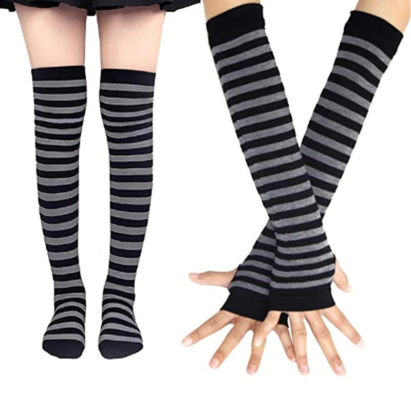 1 Set Damen Mädchen Overknee Lange Gestreifte Bedruckte Oberschenkelhohe Baumwollsocken Armstulpen Handschuhe Süße Niedliche Plus Size Overknee-Socken