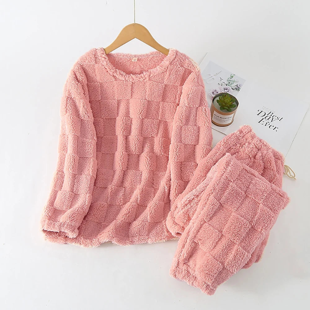 Autumn Winter Plaid O-Neck Pullover Top Loose Elastic Waist Trousers Sets Women's Pajamas Set 2 Pieces Woman Nightwear Sleepwear