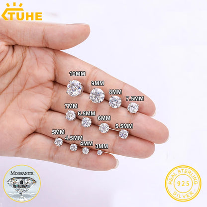 TUHE Unisex Classic Round Moissanite Earrings 925 Silver  For Women  D Color VVS1 Moissanite Round Earrings Fine Jewelry