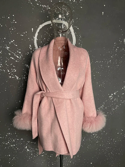 UCXQ Eleganter OL Business-Mantel Pelz-Patchwork Langarm Wollmantel Schöne Damenbekleidung Jacke Herbst 2025 Winter