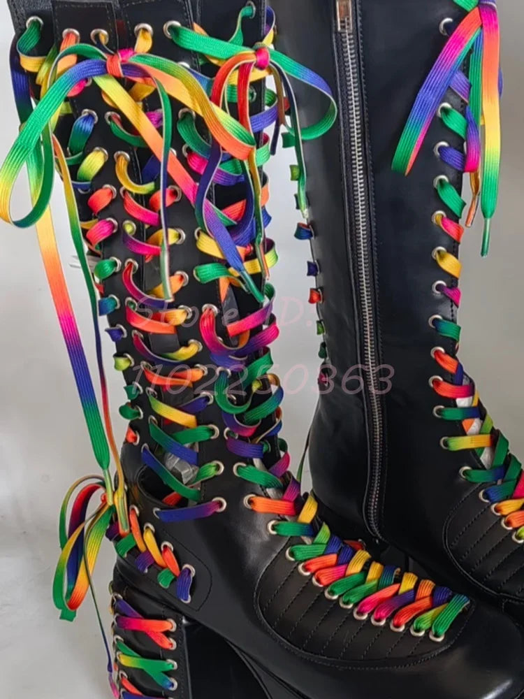 Leather Lace-Up Knee High Boots