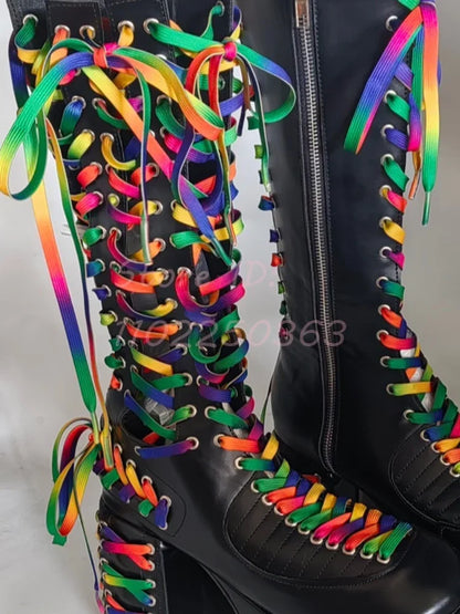 Leather Lace-Up Knee High Boots