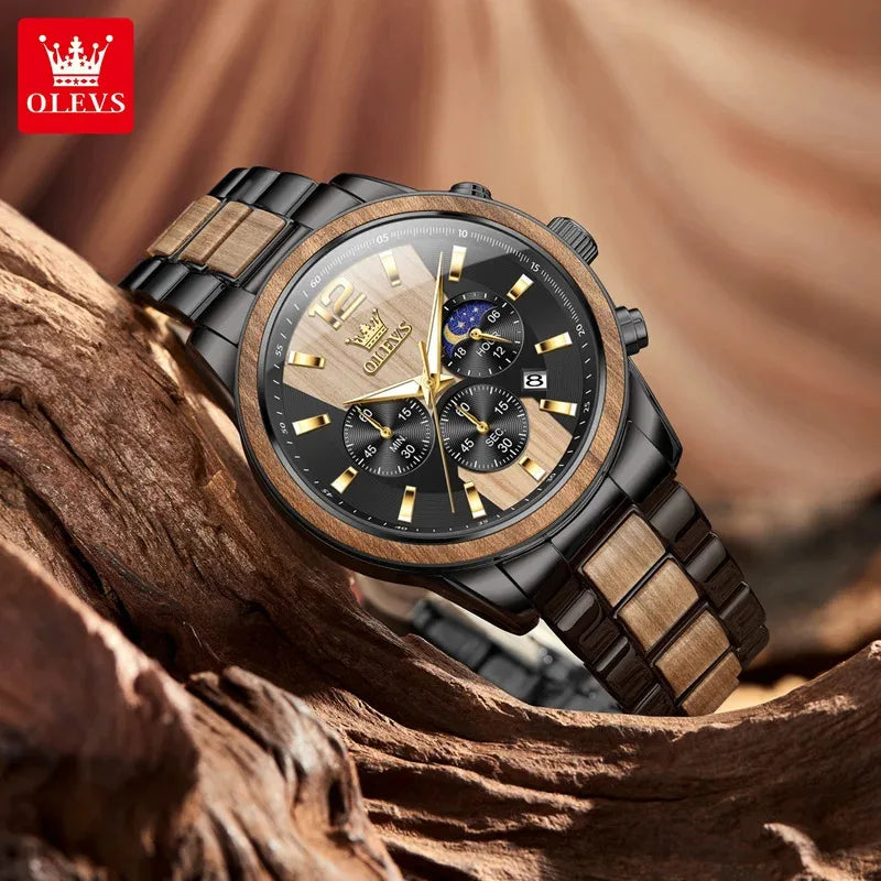 OLEVS Herren-Holzchronograph — Retro-Luxus & Nachtlicht