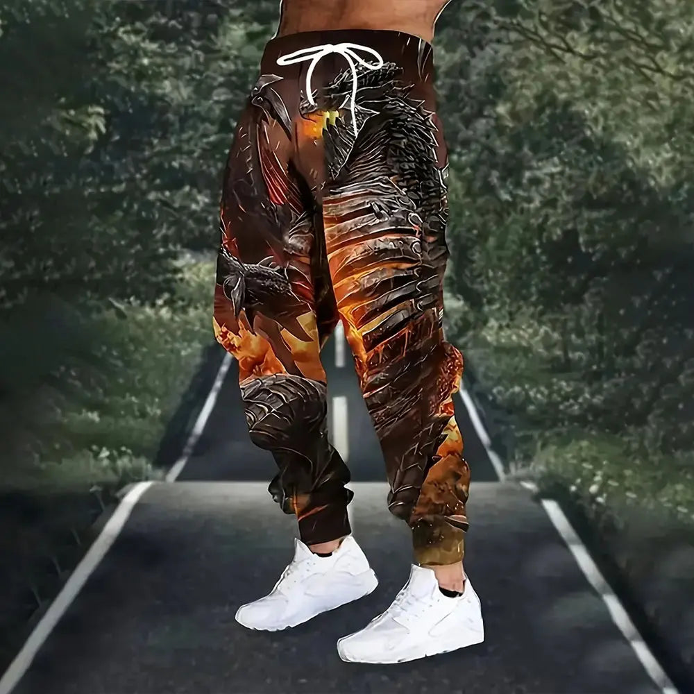 Men Loose Casual Pocket Draw Rope Sports Sweatpants Fashion Dragon And Hand Printed Sweatpants Winter New Thick Warm Sweatpants