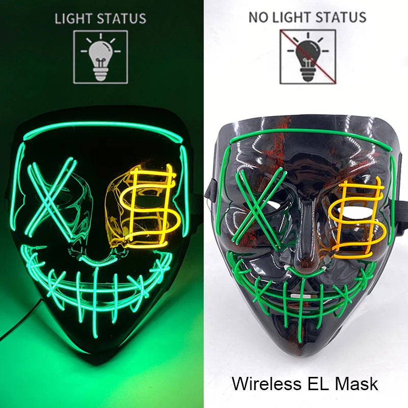 Drahtlose Neon-LED-Reinigungsmaske, im Dunkeln leuchtende Cosplay-Horrormaske, Halloween-Maskerade-Partymasken, leuchtende, lustige Verkleidung