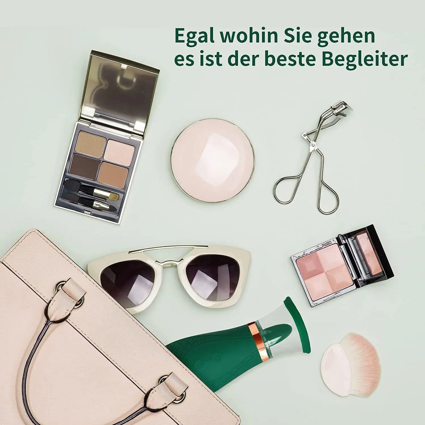Makeup products including a compact, sunglasses, and a handbag on a light green background with German text.
