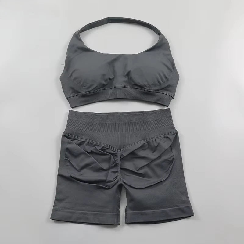 2Pcs Impacts Gym Set Tank Tops High Waist Scrunch Seamless Shorts Gym Suit Fitness Clothes Activewear Workout
