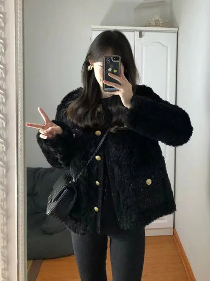 Bla Lamb Fur Jaet Women's Loose Casual ort Sle Autumn Winter New Arrival Faion Small Size Warm round Ne Coat