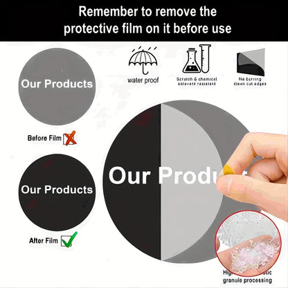 Product advertisement with text 'Remember to remove the protective film on it before use' and images of a hand applying a film.