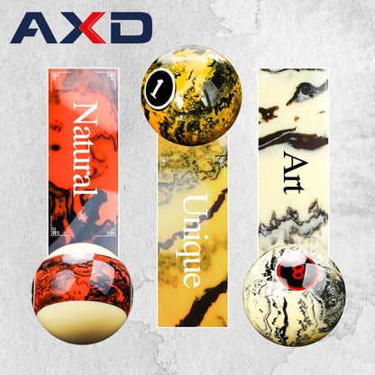 Three marbled objects with 'AXD' branding and text on a textured gray background
