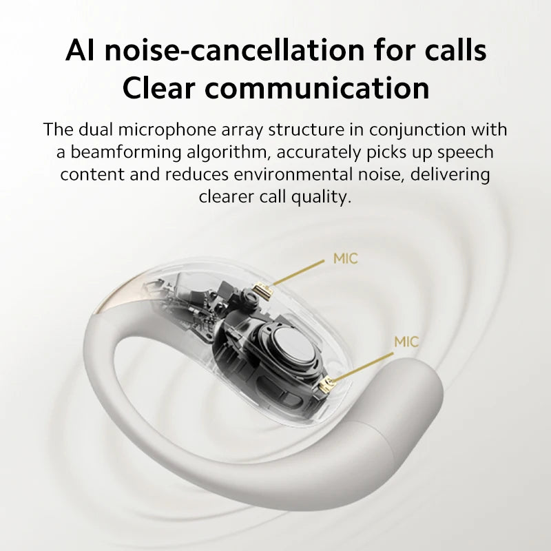 Close-up of a wireless earbud with AI noise-cancellation technology on a light gray background.