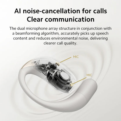 Close-up of a wireless earbud with AI noise-cancellation technology on a light gray background.