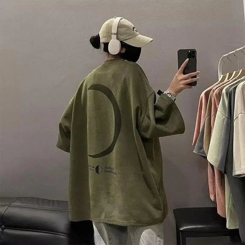 American Retro Suede Short Sleeve Men's T-shirt Trendy Oversize Military Green Five Sleeve Summer Loose Fit round Neck T-shirt