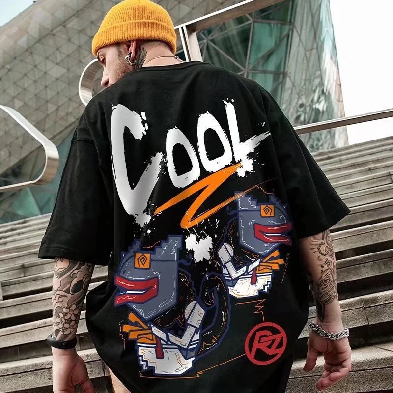 M-8XL Herren T-Shirt Oversized Mode Amerikanischer Monsterfisch Graffiti Buchstabe Cooler Druck T-Shirt Einfache Freizeit-Oberteile Partnerlook