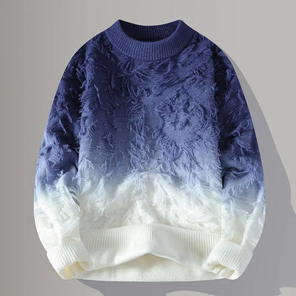 Blue and white textured sweater on a gray background