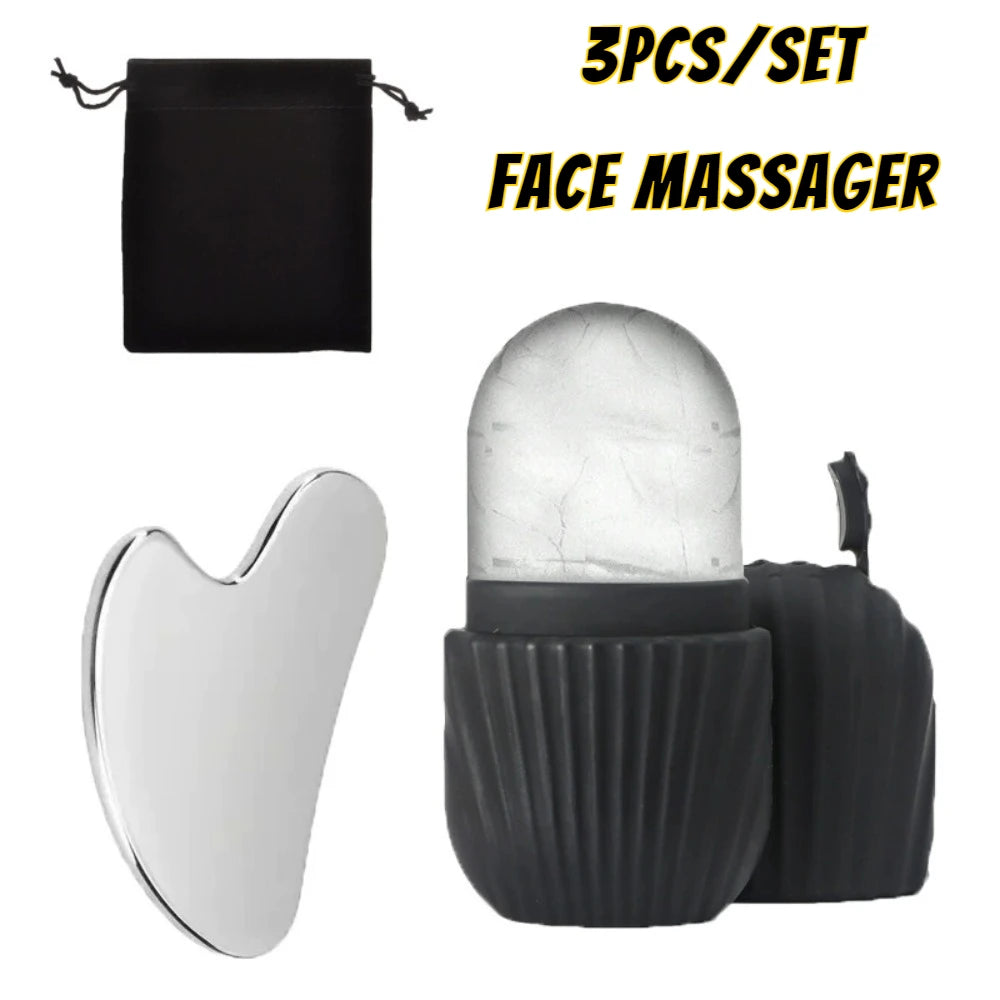 3-piece face massager set with marble design and black pouch on a white background