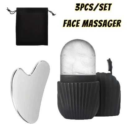 3-piece face massager set with marble design and black pouch on a white background