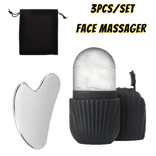 3-piece face massager set with marble design and black pouch on a white background
