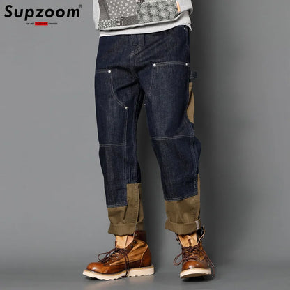 Stonewashed Patchwork Cargo Denim Jeans Men
