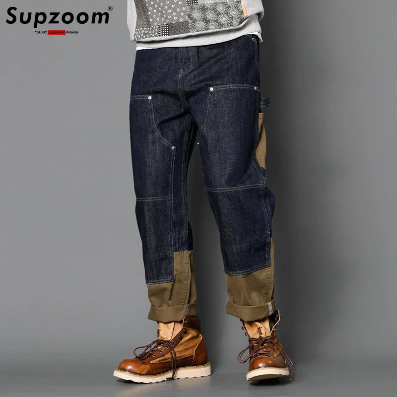 Stonewashed Patchwork Cargo Denim Jeans Men