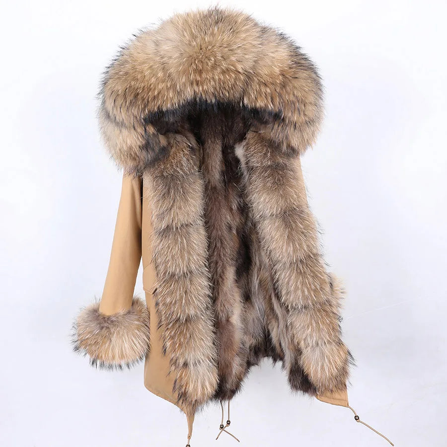 MAOMAOKONG Brand Long Winter Jacket Women Outwear Thick Parkas Natural Real Fox Fur Collar Coat Hooded Pink Female Clothing