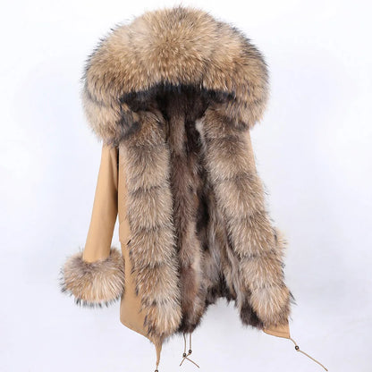 MAOMAOKONG Brand Long Winter Jacket Women Outwear Thick Parkas Natural Real Fox Fur Collar Coat Hooded Pink Female Clothing