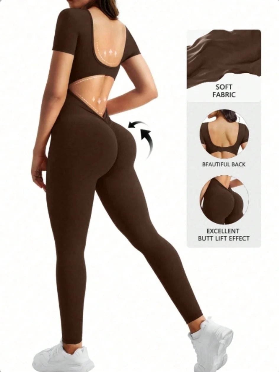 One piece seamless spandex U-neck short sleeved bodysuit with hip lifting, gym clothing, women's fitness jumpsuit