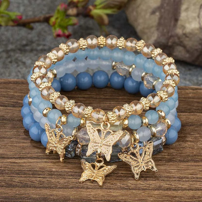 4Pcs Trendy Butterfly Beaded Bracelet Set For Women Pink Acrylic Beads Elastic Chain Bangle Female Bohemian Party Jewelry Gift